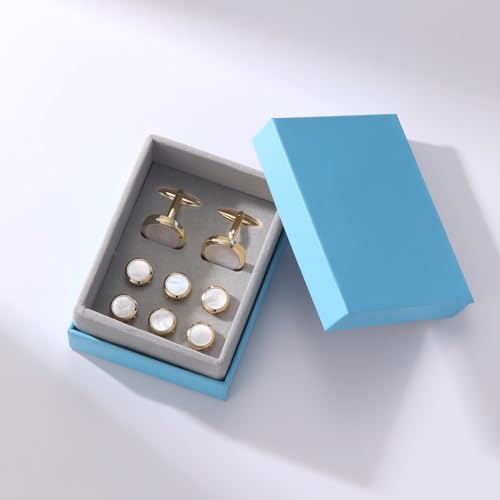 Mens Cufflinks and Tuxedo Shirt Studs Set with Gift Box - color: Gold/Fritillaria