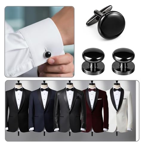 4Pairs Tuxedo Shirt Studs, Men's Tuxedo Buttons and Cufflinks | Men’s Jewelry Accessories Suitable for Black Suit White Shirts Vest and Red Bow tie on Wedding or Anniversary and Birthday