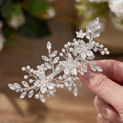 SWEETV Wedding Hair Clip for Brides Comb Bridal Hair Accessories Headpiece | Silver Handmade Flower Pearl Hair Comb Rhinestone Leaf Bridal Headpiece, Crystal Wedding Hair Pieces Brides Bridesmaids Women - color: Silver