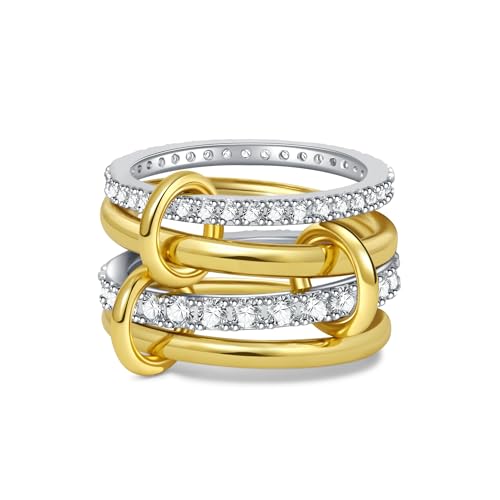 Gold Silver Stackable Rings for Women Mixed Metal Interlocked Ring Stack | Multi Ring set non tarnish 14K Gold Plated Cubic Zirconia Fashion trendy Two Tone Connected Bands Statement rings Size 4-11 - color: 01- Two tone 4 rings