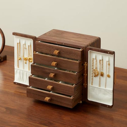 Black Walnut Wood Jewelry Box, Large | Women & Men, Velvet Lined, 5 Drawers, Hand Carved Ginkgo Leaf Handles, Double Door Wardrobe Design - size: Ginkgo leaves