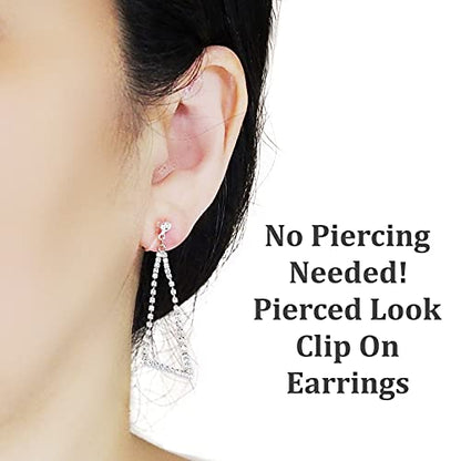 Dangle Silver Invisible Clip On Earrings for Women Not Pierced Gold Crystal Rhinestone Comfortable Hoop Fringe Long Chain Clip On Earrings - color: Triangle Silver
