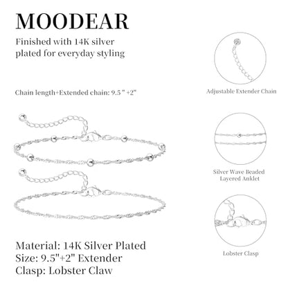 Moodear Ankle Bracelets for Women 14K Silver Plated Twist Bead Chain | Anklet Waterproof Non Tarnish Adjustable Summer Beach Anklet Jewelry Gift