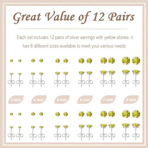 12 Pairs Stud Earrings Set, Hypoallergenic Surgical Stainless Steel 316L Earring for Women Men, Small Earring Studs Pack with Cubic Zirconia - color: Yellow-6 Sizes-3，4，5，6，7，8