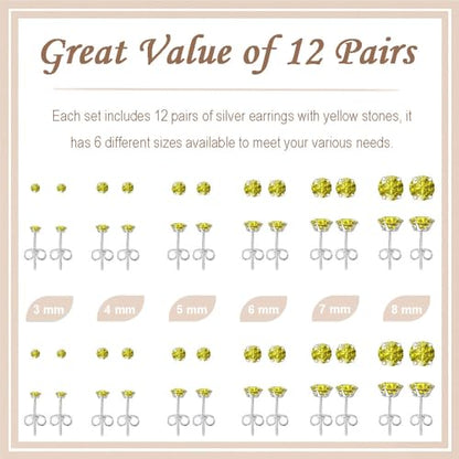 12 Pairs Stud Earrings Set, Hypoallergenic Surgical Stainless Steel 316L Earring for Women Men, Small Earring Studs Pack with Cubic Zirconia - color: Yellow-6 Sizes-3，4，5，6，7，8