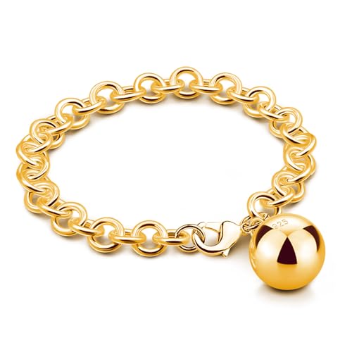 Dankadi Women 925 Sterling Silver Round Cable Wire Link Bracelet Charm Heart-Bell-Square-Circle Pendant Chain Bangle Fine Jewelry Gift For Wife Her - color: 8.5MM Gold Bell Pendant, size: 5.9 in