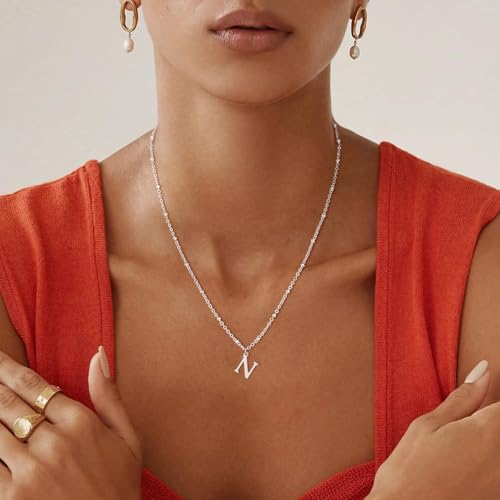Initial Necklaces for Women - 14K Gold Silver Plated Letter Necklace Name Personalized Dainty Fashion Chain Non Tarnish Single Cute Pendant Necklace Charm Jewelry Gift for Women Her - color: Silver, style: N