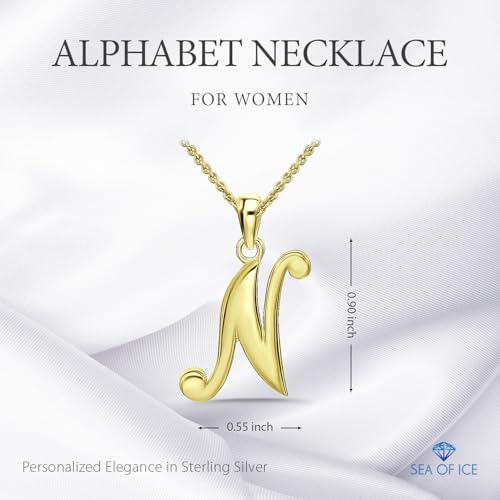 SEA OF ICE Letter Initial Necklace, Alphabet Letter Pendant Necklace, Sterling Silver, Gold, Rose Gold Necklace for Women, Elegant Initial Necklaces, Personalized Custom Women's Necklaces - color: Yellow Gold - N