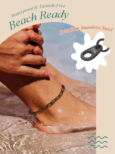 FaithHeart Waterproof Ankle Bracelets for Women, 1/2/3Pcs Non Tarnish Stainless Steel Layered Anklet Set Paperclip Figaro Cuban Link Chain Dainty Summer Beach Jewelry Gift Adjustable Size - style: c.Paperclip - Black