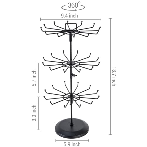 MyGift Black Metal Rotating 3-Tier Jewelry Stand with 36 Hooks | 360° Spinning Display Organizes Necklaces, Bracelets & Keychains with Top Card Holder for Retail or Vanity Use - color: Black (3 Tier)