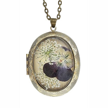 Handmade Oval Shaped Photo Locket with dried Pressed Flowers Locket pendant Necklace - style: Pansy