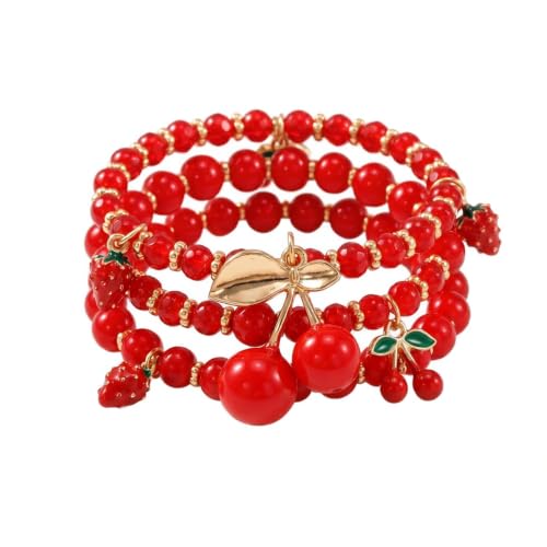 Red Cherry Beaded Bracelets Set for Women Stackable Layered Charm Bracelets Red Beaded Stretch Bracelet Cute Boho Statement Jewelry for Birthday Party Vacation Gift - color: 3PCS Set - Strawberry Cherry