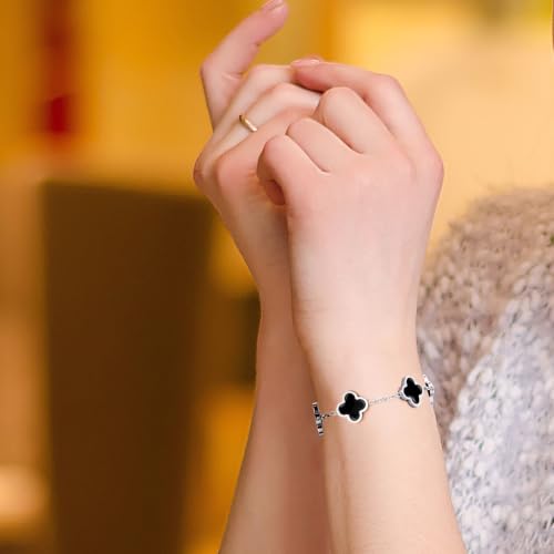 Clover Necklace Bracelet and Stud Earrings Jewelry Sets for Women | 18K Gold Plated Stainless Steel, Black/White Four Leaf Clover set,Christmas Birthday Lucky Gifts for Mom Wife Girlfriend - color: Silver Black 3PCS