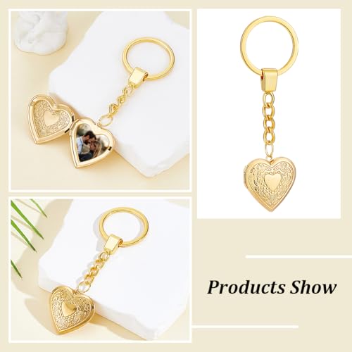 PLIGREAT 4 Pack Photo Locket Keychain, Vintage Heart Locket Keychains with Carved Flower Silver Gold Photo Lockets Key Chains that Holds Pictures Photo Lockets Pendants for Women DIY Craft