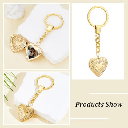 PLIGREAT 4 Pack Photo Locket Keychain, Vintage Heart Locket Keychains with Carved Flower Silver Gold Photo Lockets Key Chains that Holds Pictures Photo Lockets Pendants for Women DIY Craft