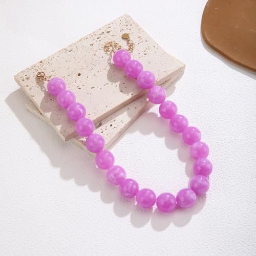 Chunky Necklaces for Women Trendy 20MM Large Resin Beaded Necklace Bold Statement Chunky Choker Necklace Boho Beads Summer Beach Jewelry - color: Purple