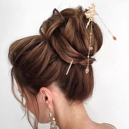 8 Pieces Retro Vintage Asian Japanese Gold Metal Long Hair Sticks Pins with Pearl Jade Tassels Pendants Chinese Hanfu Hair Chopsticks Picks Bun Forks Holders Hairpins Headpieces (Set A)