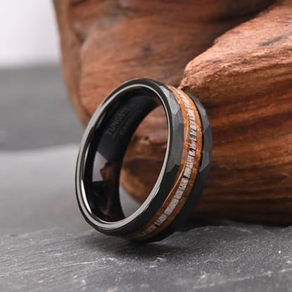 Tungsten Carbide Rings for Men 8mm Black Hammered Whiskey Barrel Wood & Elk Antler Inlay Men's Engagement Wedding Bands Matte Brushed - color: 8mm black Hammered