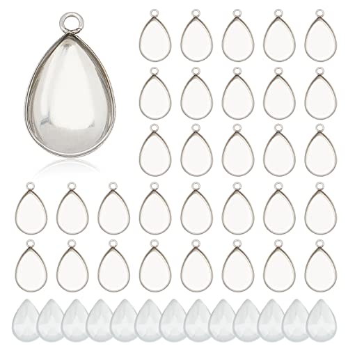 PH PandaHall 100pcs Bezel Pendant Blanks- 50pcs Drop Pendant Trays Photo Charms Cabochons Blanks with 50pcs Glass Cabochons Clear Dome for Wedding Bouquet Graduation Cap Jewelry Making, 0.69x0.4inch - color: Drop - 50 Sets