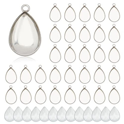PH PandaHall 100pcs Bezel Pendant Blanks- 50pcs Drop Pendant Trays Photo Charms Cabochons Blanks with 50pcs Glass Cabochons Clear Dome for Wedding Bouquet Graduation Cap Jewelry Making, 0.69x0.4inch - color: Drop - 50 Sets