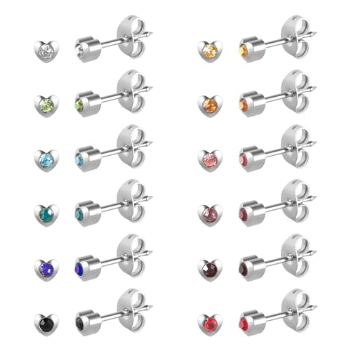 12 Pairs Ear Piercing Stud Earrings for Ear Piercing Guns, Surgical Stainless Steel Multicolor Round Heart Star Cubic Zirconia Birthstone Stud Earrings Set - style: Silver heart 4mm