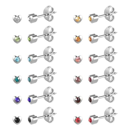 12 Pairs Ear Piercing Stud Earrings for Ear Piercing Guns, Surgical Stainless Steel Multicolor Round Heart Star Cubic Zirconia Birthstone Stud Earrings Set - style: Silver heart 4mm