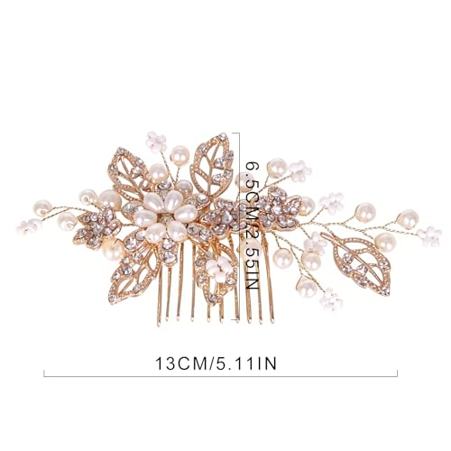 Flower Leaf Design Wedding Hair Comb, Metal Bridal Hair Accessory with Rhinestone, Wedding Prom Hair Clip Headpiece for Women (Gold Flower CZ) - color: Gold Flower CZ