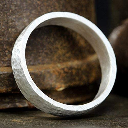 925 Sterling Silver Wedding Ring Hammered Flat Pipe Cut Textured Thick & Durable Handmade Unisex Mens & Women Rustic Engagement Promise Band - US Size 4-13 - Custom Engraving - color: 01 - 5mm Silver