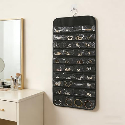 Black Hanging Jewelry Organizer, 80 Pockets Double-Sided, Wall Door Closet Storage for Earrings Necklaces Rings
