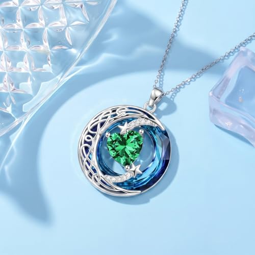 Birthstone Necklace for Women Crystal Moon and Star Pendant White Gold Celtic Moon Jewelry Birthday Graduation Gifts for Wife Her - style: Moon-5