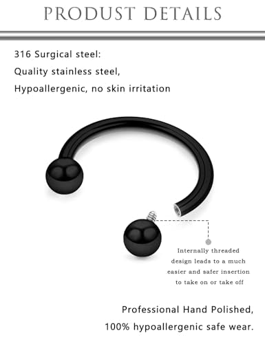 Hoeudjo Internally Threaded Septum Rings 16G Surgical Steel Horseshoe Septum Jewelry Lip Ring 8mm 10mm with Replacement Balls Ball Grabber Tool Smiley Piercing Jewelry for Women Men - color: black