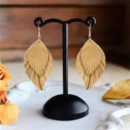 Handmade Bohemian Large Soft Genuine Leather Fringe Double Feather Dangle Drop Earrings Lightweight Simple Color PU Leaf Hook Earrings for Women - color: Beige