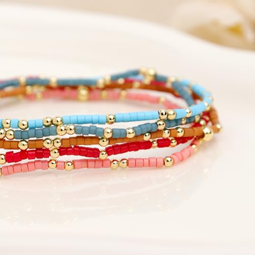 Gold Seed Beaded Bracelets Set for Women, Boho Handmade Friendship Stretch Summer Beach Jewelry Gift. - color: 2001A