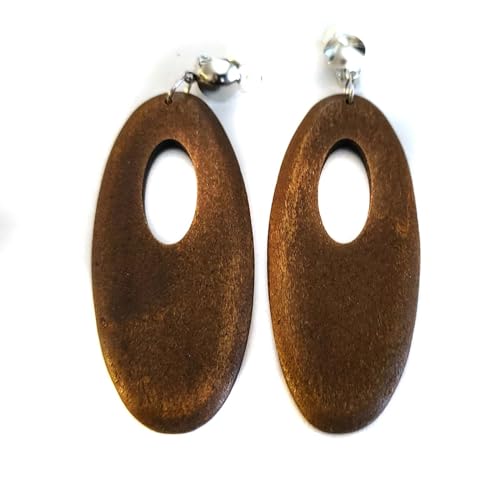 Clip-on Earrings Wood Earring Oval Hoop Brown or Black Earrings Silver Tone Clip - color: Brown