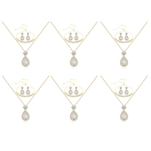 Plated Gold Silver Elegant Teardrop Zircon Earrings Necklace Bracelet Set for Bridesmaids, Sparkling Cubic Zirconia Jewelry, Wedding Gift, 4/5/6-Piece - color: 6 Sets Gold
