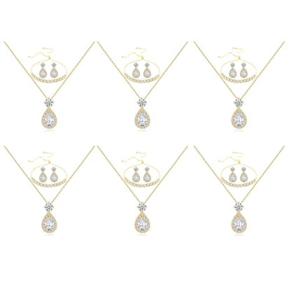 Plated Gold Silver Elegant Teardrop Zircon Earrings Necklace Bracelet Set for Bridesmaids, Sparkling Cubic Zirconia Jewelry, Wedding Gift, 4/5/6-Piece - color: 6 Sets Gold