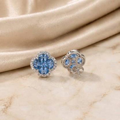Green/Blue Zircon 4-Leaf Clover Jewelry Set – Necklace, Ring, Earrings – Women's Wedding & Evening Gift for Wife, Girlfriend, Mother – Comes with Gift Box - color: Blue Earrings