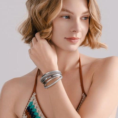 Boho Layered Leather Wrap Bracelets Chunky Western Country Hippie Jewelry | Stackable Bohemian Cowgirl Magnetic Clasp Cuff Bangle Set Fashion Stack Statement Festival Trendy Jewelry Gifts for Women - color: Silver
