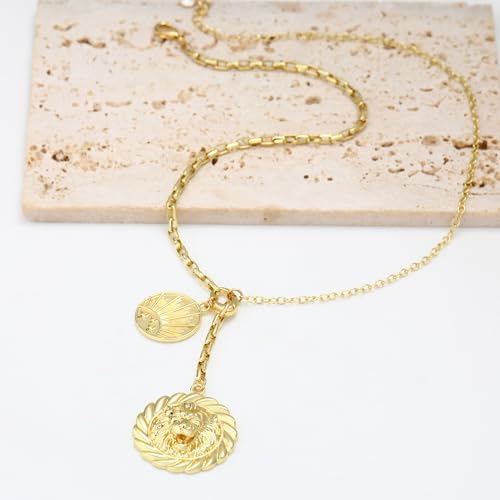 Chunky Gold Necklace for Women, 18K Waterproof Heart Necklace Statement Necklace Gold Charm Necklace Chunky Jewelry Paperclip Chain Choker Gift for Women - style: Lion Medallion
