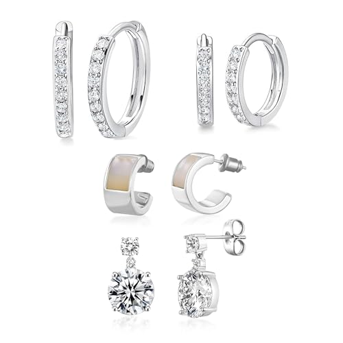 White Gold Earrings for Women Men Hoop and Stud Earring Set | Hypoallergenic 14K White Gold Plated Hoops Huggie Stud Earrings Set Round Cubic Zirconia Ear Jewelry - style: A6-White Gold-Hoop&Shell Studs (4 Pairs)