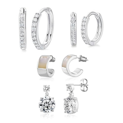 White Gold Earrings for Women Men Hoop and Stud Earring Set | Hypoallergenic 14K White Gold Plated Hoops Huggie Stud Earrings Set Round Cubic Zirconia Ear Jewelry - style: A6-White Gold-Hoop&Shell Studs (4 Pairs)