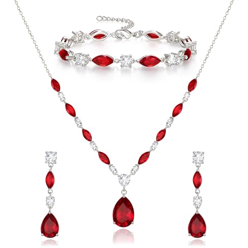 Teardrop Marquise Cubic Zirconia Wedding Prom Jewelry Set for Women Bridal | Silver/Gold/Rose Gold Plated, Pear Cut Pendant Necklace Drop Earrings Link Bracelet, for Bride Bridesmaid, for Banquet Party - style: B_Three Set, Red Silver-Tone (Teardrop)