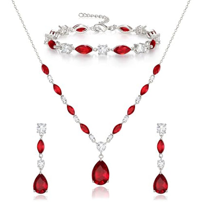 Teardrop Marquise Cubic Zirconia Wedding Prom Jewelry Set for Women Bridal | Silver/Gold/Rose Gold Plated, Pear Cut Pendant Necklace Drop Earrings Link Bracelet, for Bride Bridesmaid, for Banquet Party - style: B_Three Set, Red Silver-Tone (Teardrop)