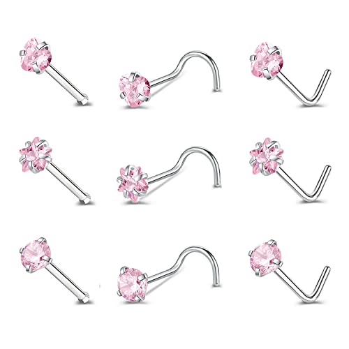 ZS 20G Nose Stud Rings Set, Stainless Steel CZ Nose Piercing Jewelry | Hypoallergenic Nose Bone Rings, L Shaped & Screw Nose Studs, 3mm CZ Stone Nostril Jewelry for Women Men - color: 9pcs Mixed style(Pink)