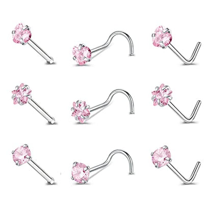 ZS 20G Nose Stud Rings Set, Stainless Steel CZ Nose Piercing Jewelry | Hypoallergenic Nose Bone Rings, L Shaped & Screw Nose Studs, 3mm CZ Stone Nostril Jewelry for Women Men - color: 9pcs Mixed style(Pink)
