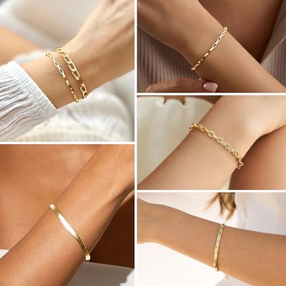 Dainty Gold Bracelet for Women Trendy Non Tarnish, Thin Bracelets Stackable Set with Bangle Cuff, Box, Herringbone, Paperclip, Figaro, Sparkling Link Chains Waterproof, Simple Jewelry Gifts for Women - color: style 04-gold
