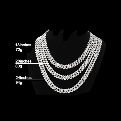 Mens and Womens Miami Cuban Link Chain Necklace 12mm Diamond Prong Cuban Chain 18/20/24inch Length Hip Hop Jewely - color: Silver, size: 18 inch