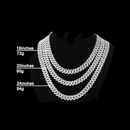 Mens and Womens Miami Cuban Link Chain Necklace 12mm Diamond Prong Cuban Chain 18/20/24inch Length Hip Hop Jewely - color: Silver, size: 20 inch