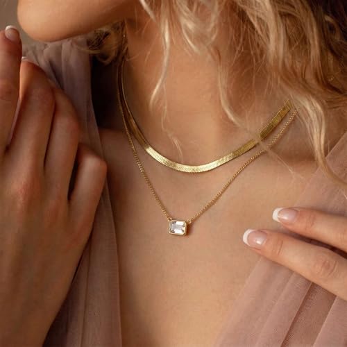Coolkin 3 PCS Women Gifts Layered Gold Necklace for Women,14K Gold Plated Dainty CZ Pendant Layering Gold Necklaces Set Chain Choker Cubic Zirconia Necklace Trendy Jewelry Gifts - style: Rectangle CZ