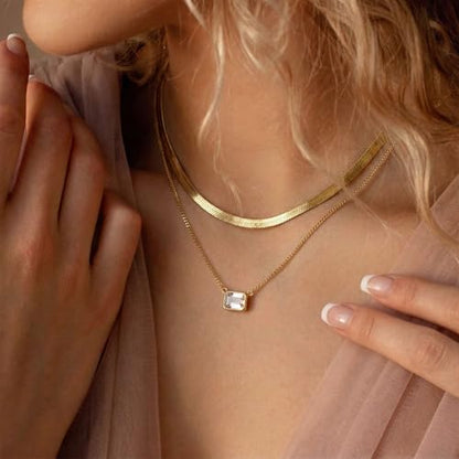 Coolkin 3 PCS Women Gifts Layered Gold Necklace for Women,14K Gold Plated Dainty CZ Pendant Layering Gold Necklaces Set Chain Choker Cubic Zirconia Necklace Trendy Jewelry Gifts - style: Rectangle CZ